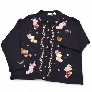 Vtg B.P. Design Embroidered Appliqued Beaded Christmas Sweater Stockings Bows 2X